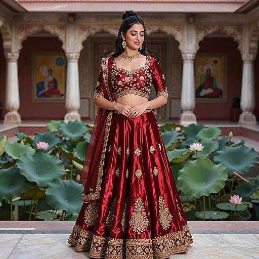 Photograph of an Indian woman in a red, gold-embroidered traditional lehenga, standing in an ornate courtyard with lotus ponds and