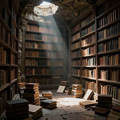 Photograph of a dimly lit, old library with sunlight streaming through a broken ceiling, illuminating stacked books on the stone floor. Shelves of