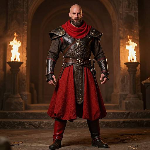 Photograph of a bald, bearded man in medieval armor with a red scarf, red robe, and boots, standing in a dimly lit,