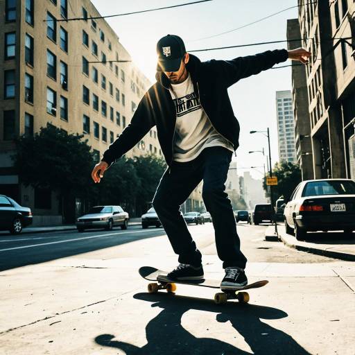 Urban Skateboarder Riding in City Street