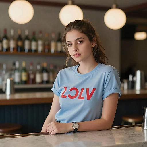 Young Woman Leaning on Bar Counter