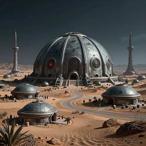 Digital artwork of a futuristic desert city with metallic domed buildings, a large central dome, and two tall spires under a dark sky. Sand d
