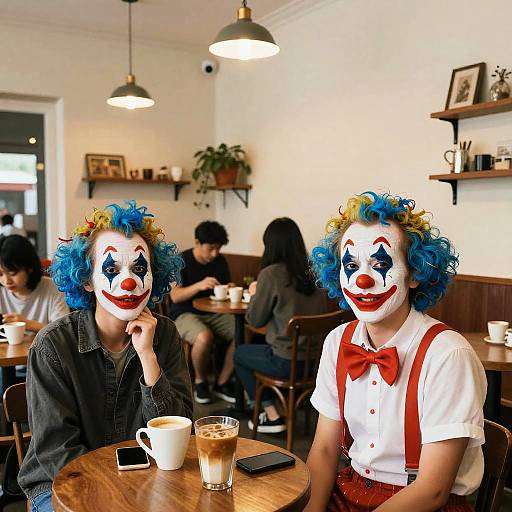 Young Adults with Clown Makeup in Coffee Shop
