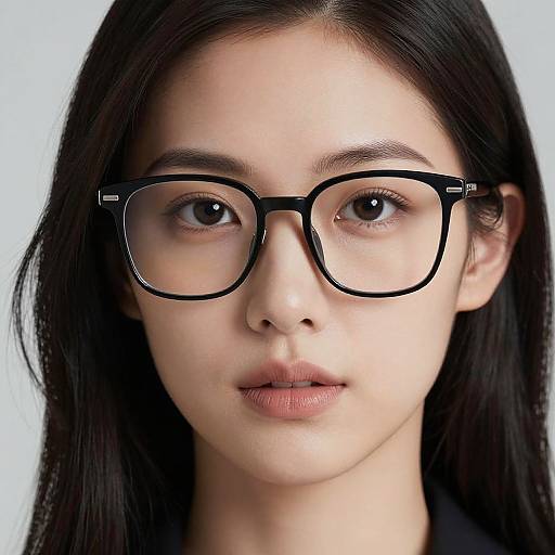 Photograph of a young woman with straight black hair, fair skin, and brown eyes, wearing large black rectangular glasses, looking directly at the camera.