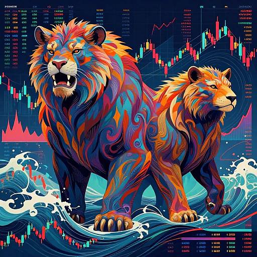 Digital art of two vibrant, colorful lions with swirling patterns, standing on ocean waves, against a backdrop of stock market charts.
