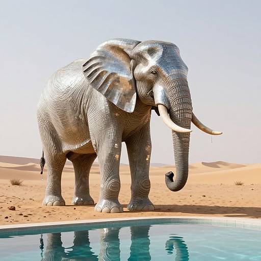 Photorealistic CGI of a large, textured, silver-toned elephant standing at the edge of a desert pool, with sand dunes in the background