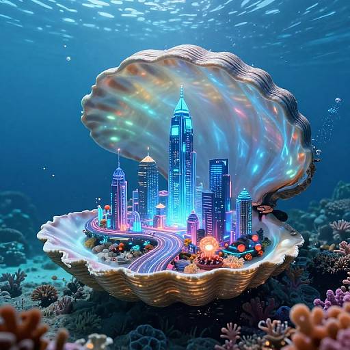 Futuristic Metropolis Inside Luminous Clam