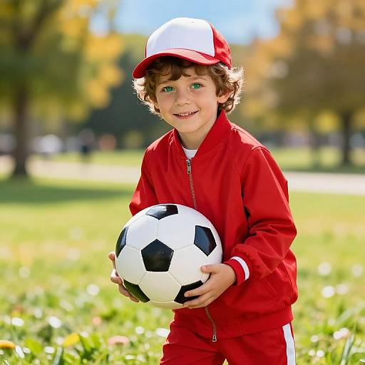 Joyful Boy in Red Playing Soccer
