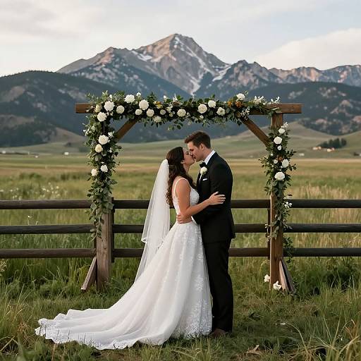 Photograph of a bride in a white lace gown and veil, and groom in a black tuxedo, kissing under a floral arch with mountain backdrop