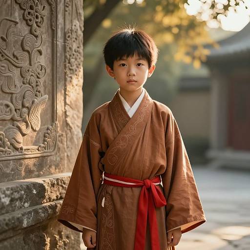 Asian Boy in Embroidered Robe at Dawn