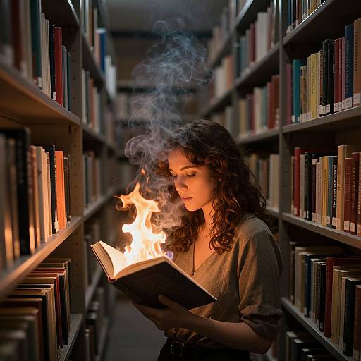 Photograph of a curly-haired woman in a dim library, surrounded by bookshelves, reading a book with a flame emitting from it, surrounded by
