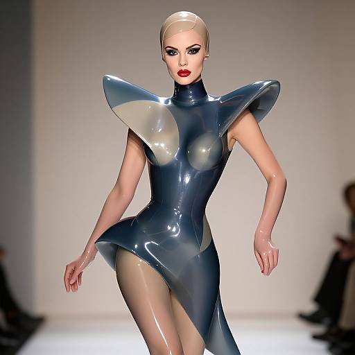 Photograph of a slender, blonde, white female model with red lipstick, wearing a shiny, blue, sleeveless, high-neck, sculptural dress