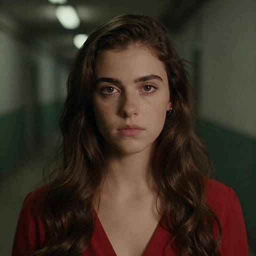 Young Woman in Industrial Green Hallway