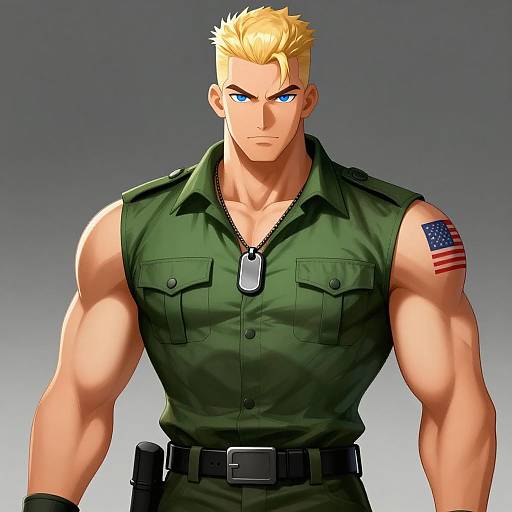 Muscular blonde man in green military shirt, dog tags, American flag patch, stern expression, blue eyes, digital anime-style art.