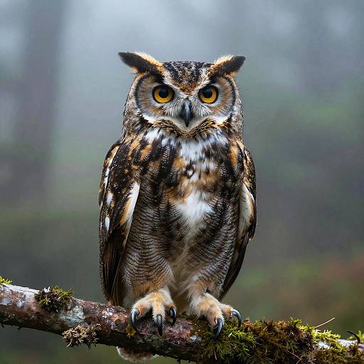 Photograph of a detailed, perched owl with striking yellow eyes and intricate brown, white, and black feather patterns on a mossy branch in a