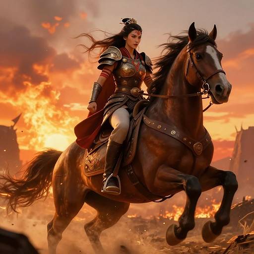 Fierce Warrior Queen on Fiery Battlefield