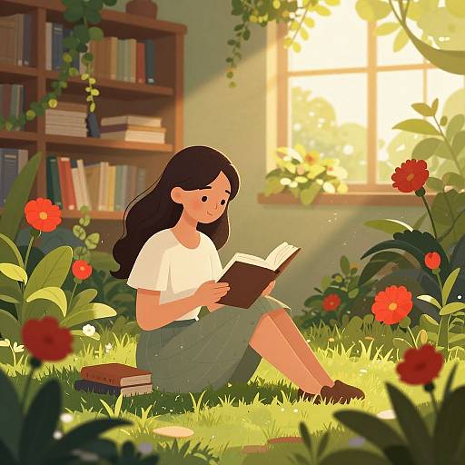 Digital illustration of a young woman with long black hair, wearing a white shirt and green skirt, reading a book in a sunlit garden with red flowers