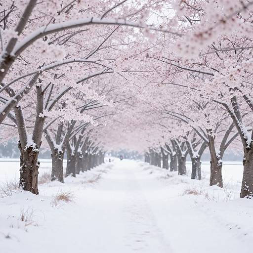 Photograph of a snow-covered path lined with cherry blossom trees, their pink blossoms creating a delicate, arching canopy over the white ground.