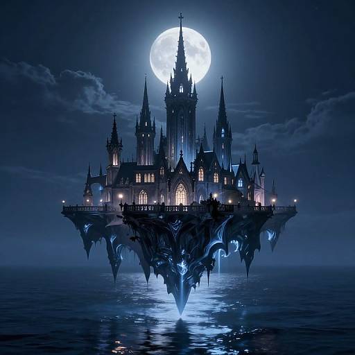 Digital illustration of a gothic floating castle illuminated by moonlight, with sharp spires, glowing windows, and blue bioluminescent accents, hovering