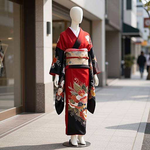 Photograph of a white mannequin wearing a vibrant red and black Japanese kimono with colorful floral patterns, standing on a sunlit urban sidewalk.