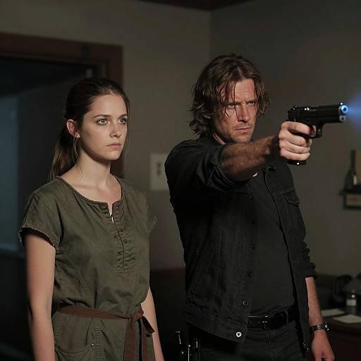 Man aiming gun with woman standing beside him