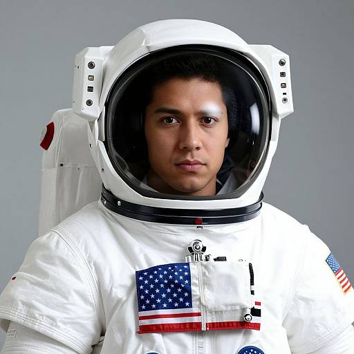 Photograph of a serious-looking man with medium brown skin wearing a white astronaut suit with an American flag patch and an attached oxygen tank against a gray background