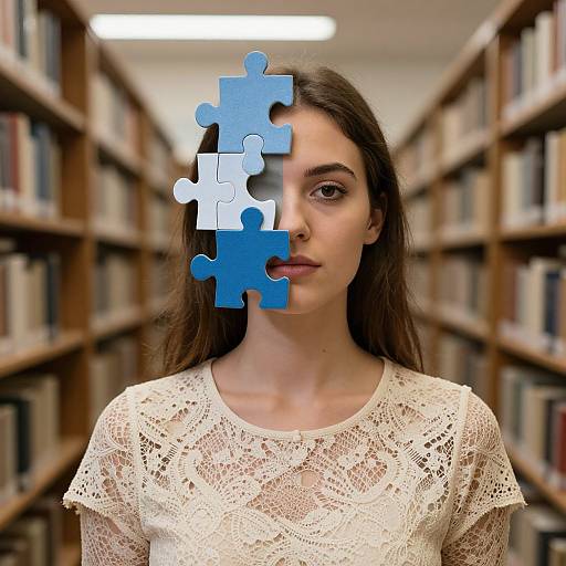 Photograph of a young woman with long brown hair in a white lace top, standing in a library with bookshelves. A blue puzzle piece covers