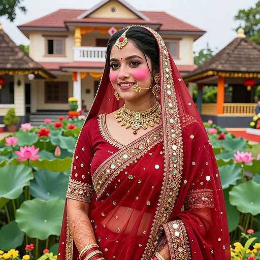 Joyful Bride in Red Wedding Saree