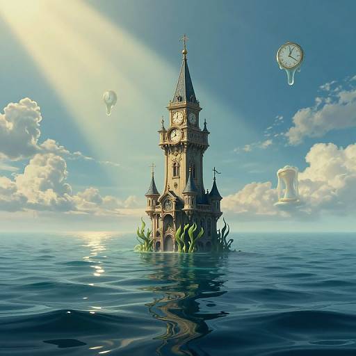 Fantasy digital art: A sunlit, clock-towered castle emerges from calm blue ocean, surrounded by floating balloons and lush greenery, with a