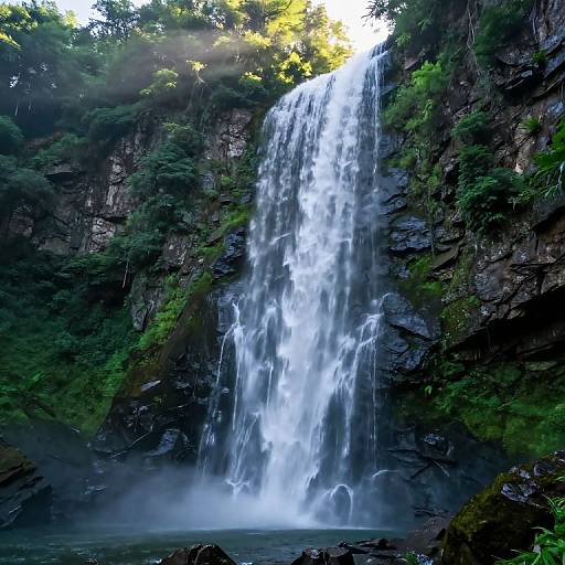 Photograph of a tall, powerful waterfall cascading down a dark, rocky cliff surrounded by lush green foliage, with mist at the base. Sunlight