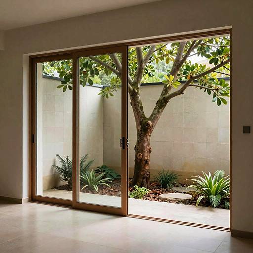 Indoor Garden with Tree and Sliding Glass Doors