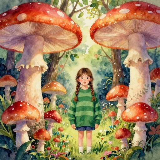 Whimsical digital painting of a young girl with braided hair, green striped sweater, and shorts, standing among giant red and white mushrooms in a