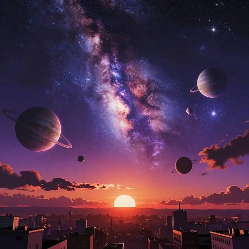 Purple Cosmic Sunset Over Cityscape