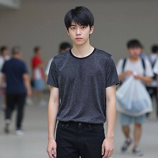 Photograph of an Asian man with short black hair, wearing a black speckled t-shirt and black pants, standing in a blurred, indoor,