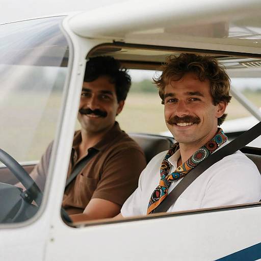 Two Men Smiling in Airplane Cockpit