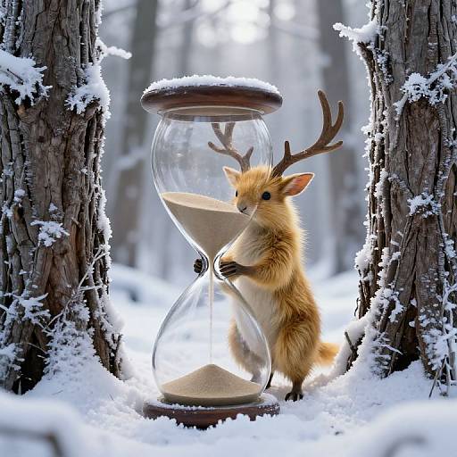 Photograph of a cute, small, orange-furred deer with antlers standing inside a snow-covered hourglass, set between two tall, snow-d