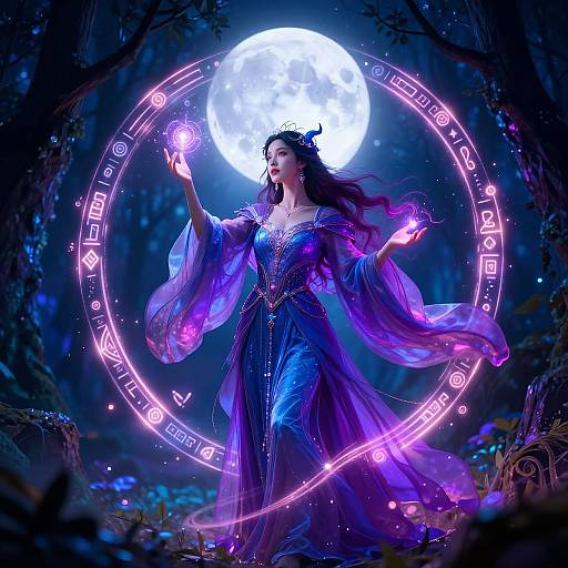 Mystical Sorceress Under Full Moon
