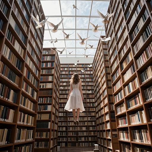 Photograph of a woman in a white dress standing in a sunlit library, surrounded by tall wooden bookshelves, with birds flying overhead.