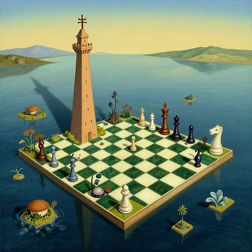 Digital artwork of a floating chessboard with oversized chess pieces, a lighthouse, and island plants, set in a serene blue lake.