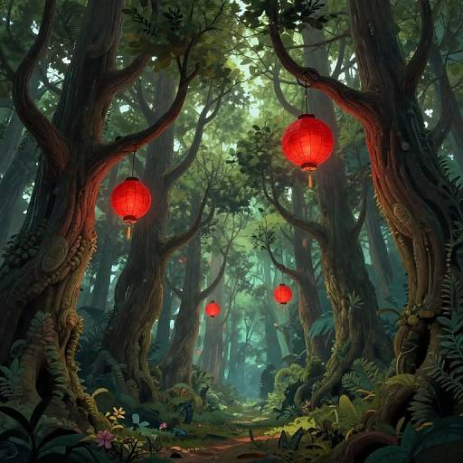 Mystical forest scene with towering, twisted trees, glowing red lanterns hanging among lush greenery, and sunlight filtering through dense foliage. Digital artwork