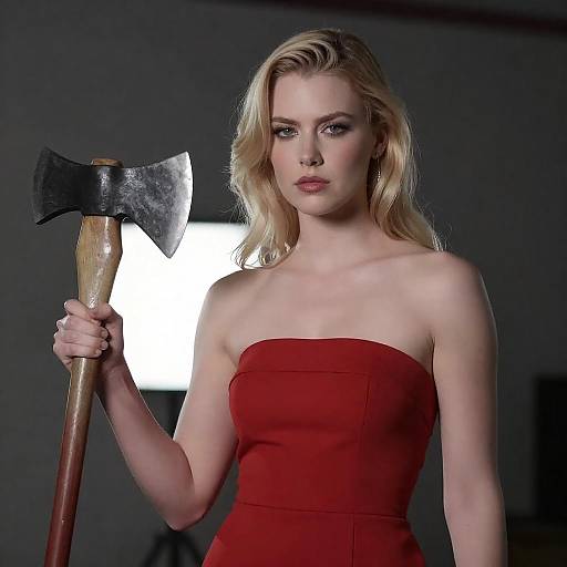 Blonde Woman in Red Dress Holding Axe