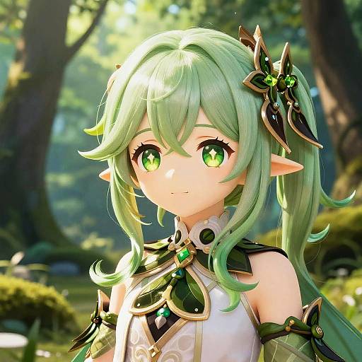 Digital anime-style portrait of a green-haired elf girl with large green eyes, pointed ears, and ornate black and green armor. Sunlit forest background