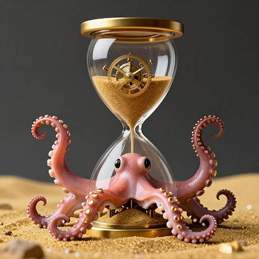 Photograph of a glass hourglass with a golden top and bottom, featuring a pink octopus with curled tentacles emerging from the sand, against a