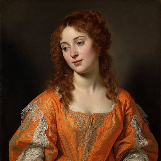 Baroque-style portrait of a fair-skinned woman with curly brown hair, wearing an orange gown with white lace trim, against a dark background.
