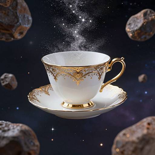 Photograph of a glowing, ornate white teacup with gold trim, floating in space, surrounded by asteroids, emitting sparkling steam.