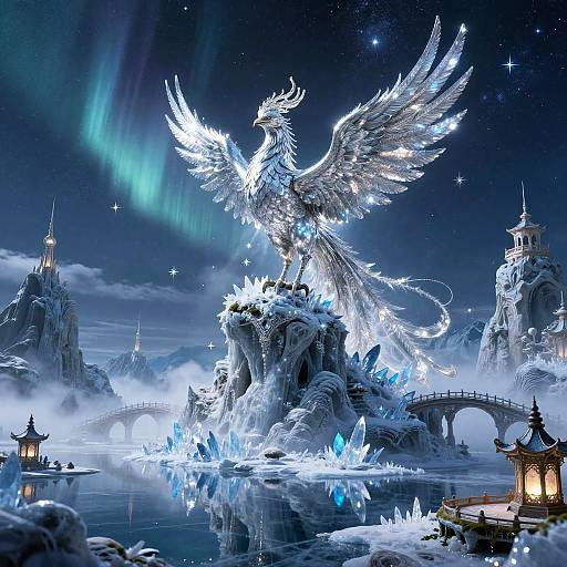 Gigantic Silver Phoenix on Ice-Spiked Mountain
