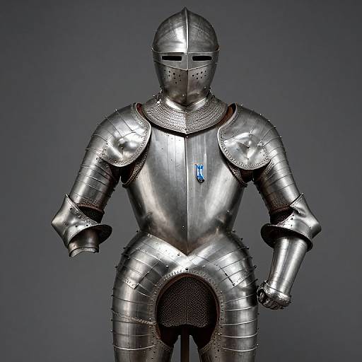 Photograph of a shiny, silver medieval knight's armor with a blue emblem on the chest, standing against a dark gray background.