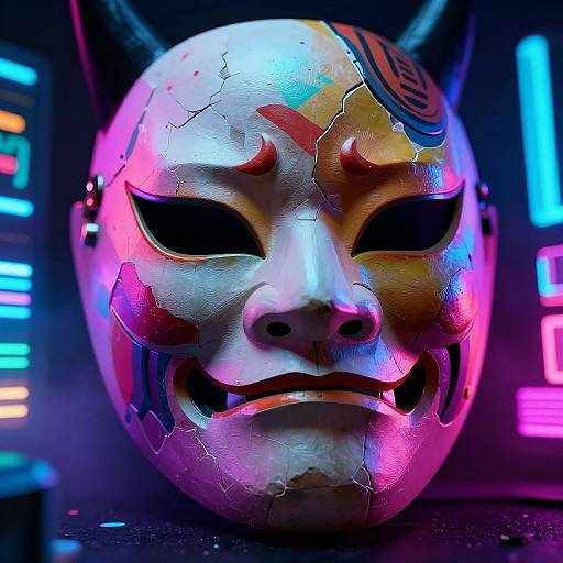 Glowing, cracked Japanese mask with colorful neon accents, black eyes, and sinister smile, illuminated by vibrant, futuristic lights. Digital CGI artwork.