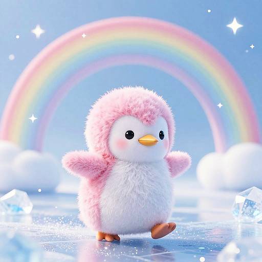 Cute, fluffy pink and white penguin with small yellow beak stands on icy ground under a vibrant rainbow and sparkling stars. Digital art.