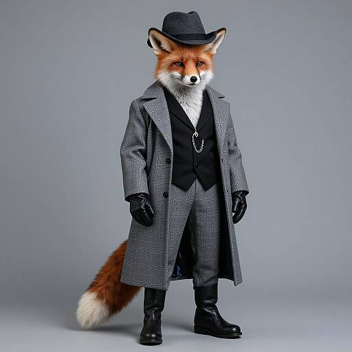 Photograph of a realistic anthropomorphic fox in a gray checkered overcoat, black vest, gloves, boots, and black bowler hat, standing